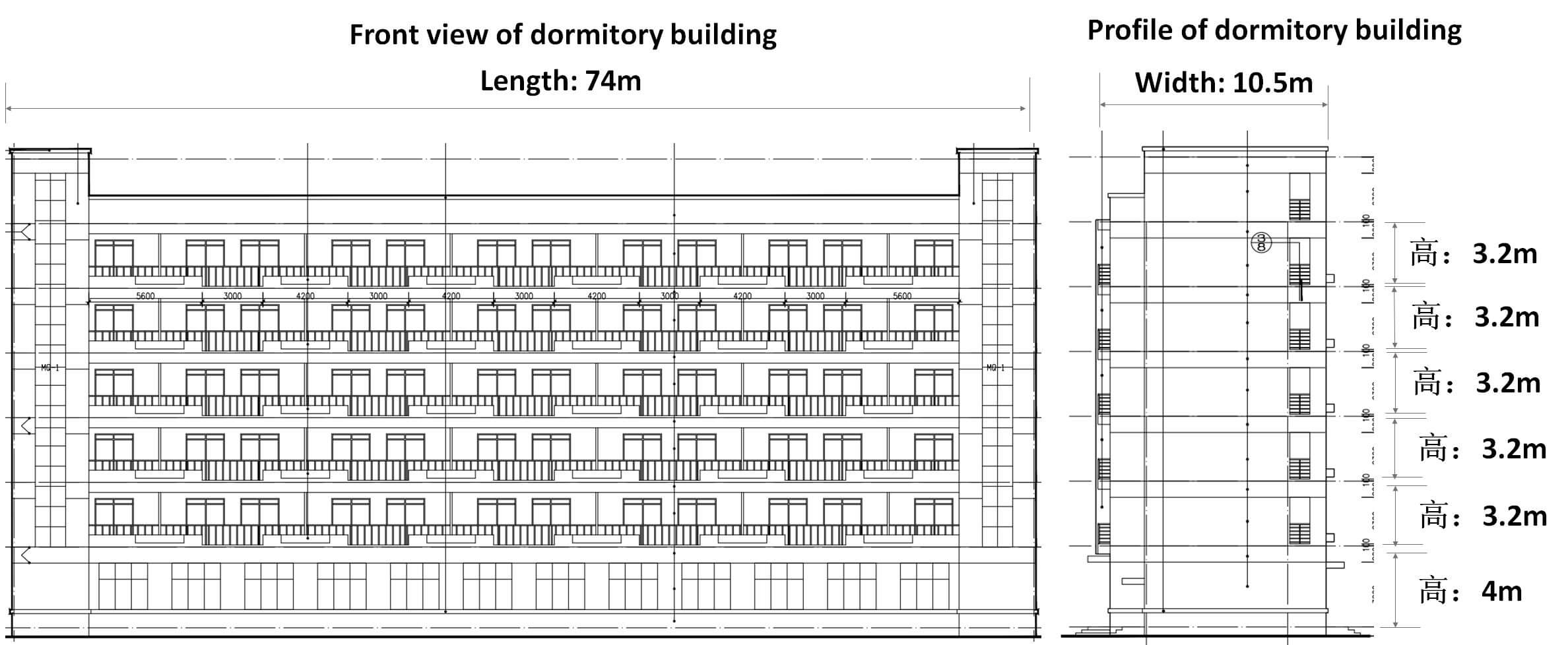 dimensions of dormitory buildings